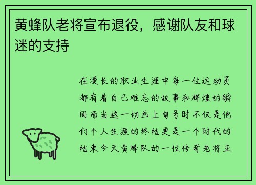 黄蜂队老将宣布退役，感谢队友和球迷的支持